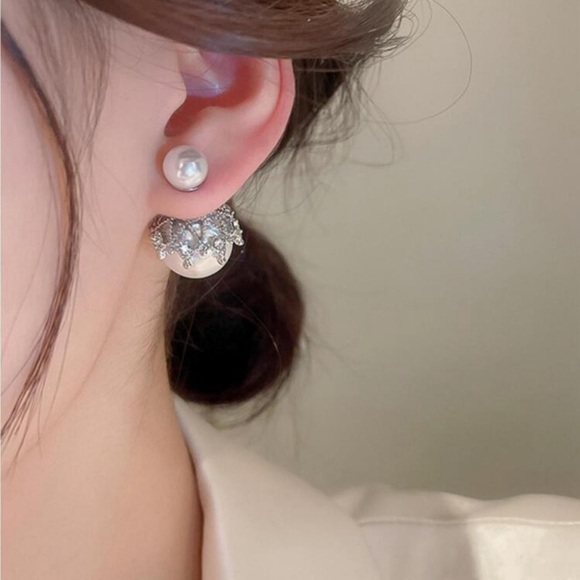 Pearlescent Radiance - Double-Sided CZ Pearl Earrings - Picture 5 of 6